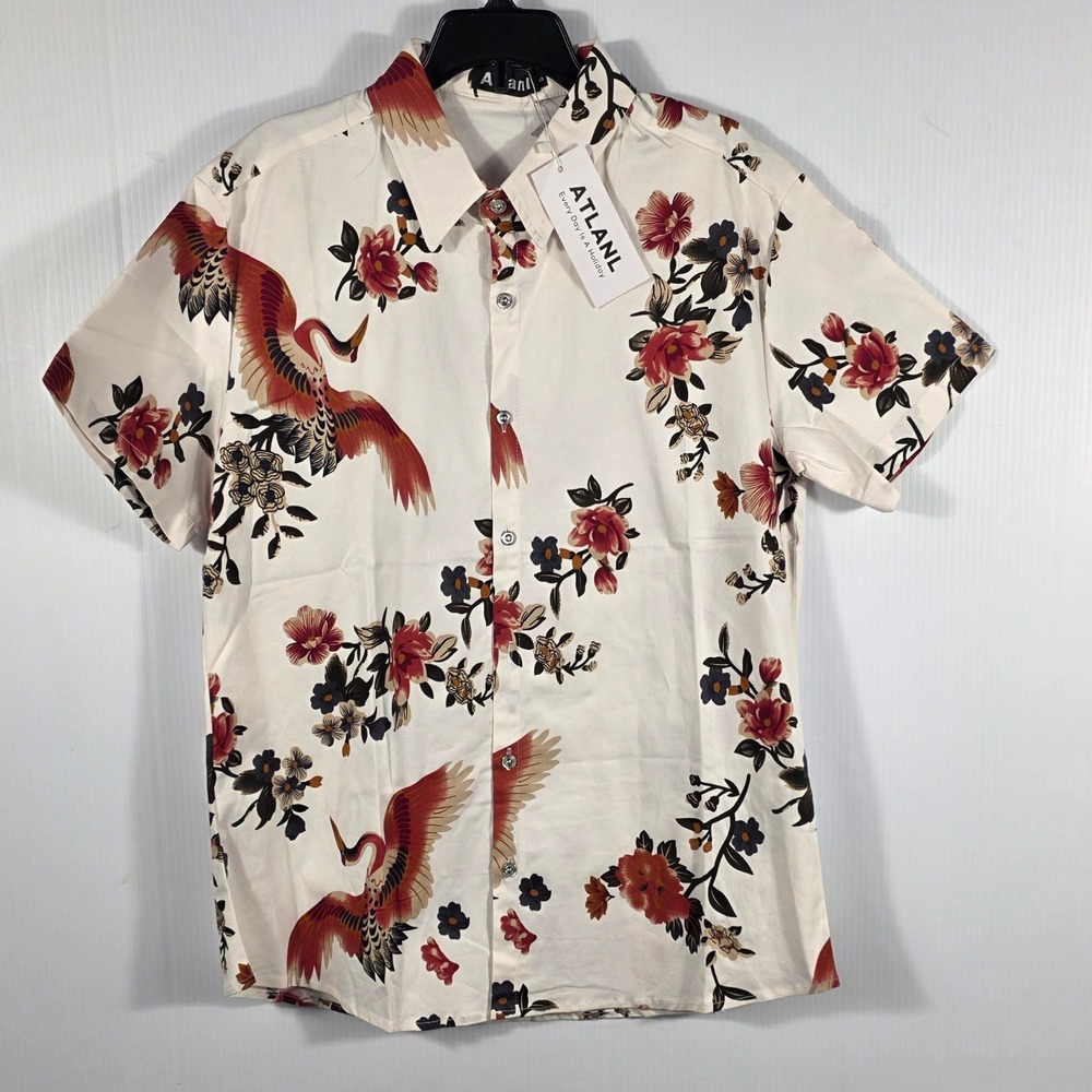 Atlanl Mens Short Sleeve Button Down Shirt White Red Crane Floral Print Size S - Picture 4 of 11